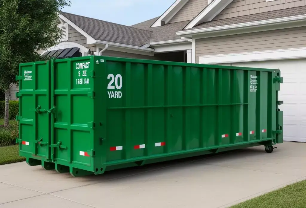 20-yard roll-off dumpster parked on a concrete driveway