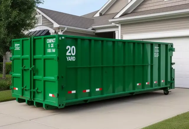 20-yard roll-off dumpster parked on a concrete driveway