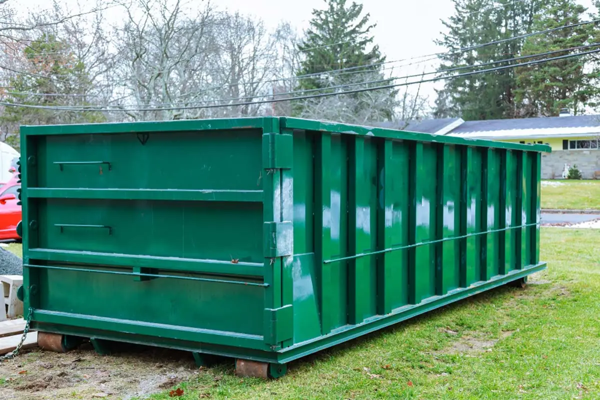 Large green roll-off dumpster beside a home for a yard and tree project